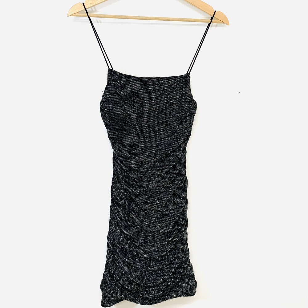 Princess‎ Polly Y2K Sparkle Black Silver Mini Dress Size 6 Ruched Retro Feminine